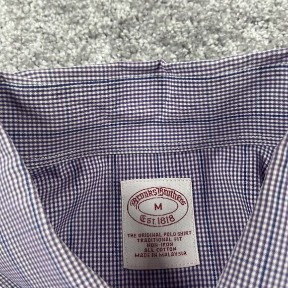 Brooks Brothers Dress Shirt Mens Medium Non Iron Cotton Button Down Plaid Purple - Picture 3 of 14